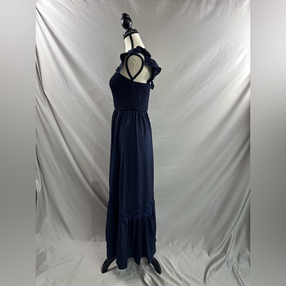 Shirred Guipure Lace Insert Ruffle Hem Dress Blue - Picture 9 of 9